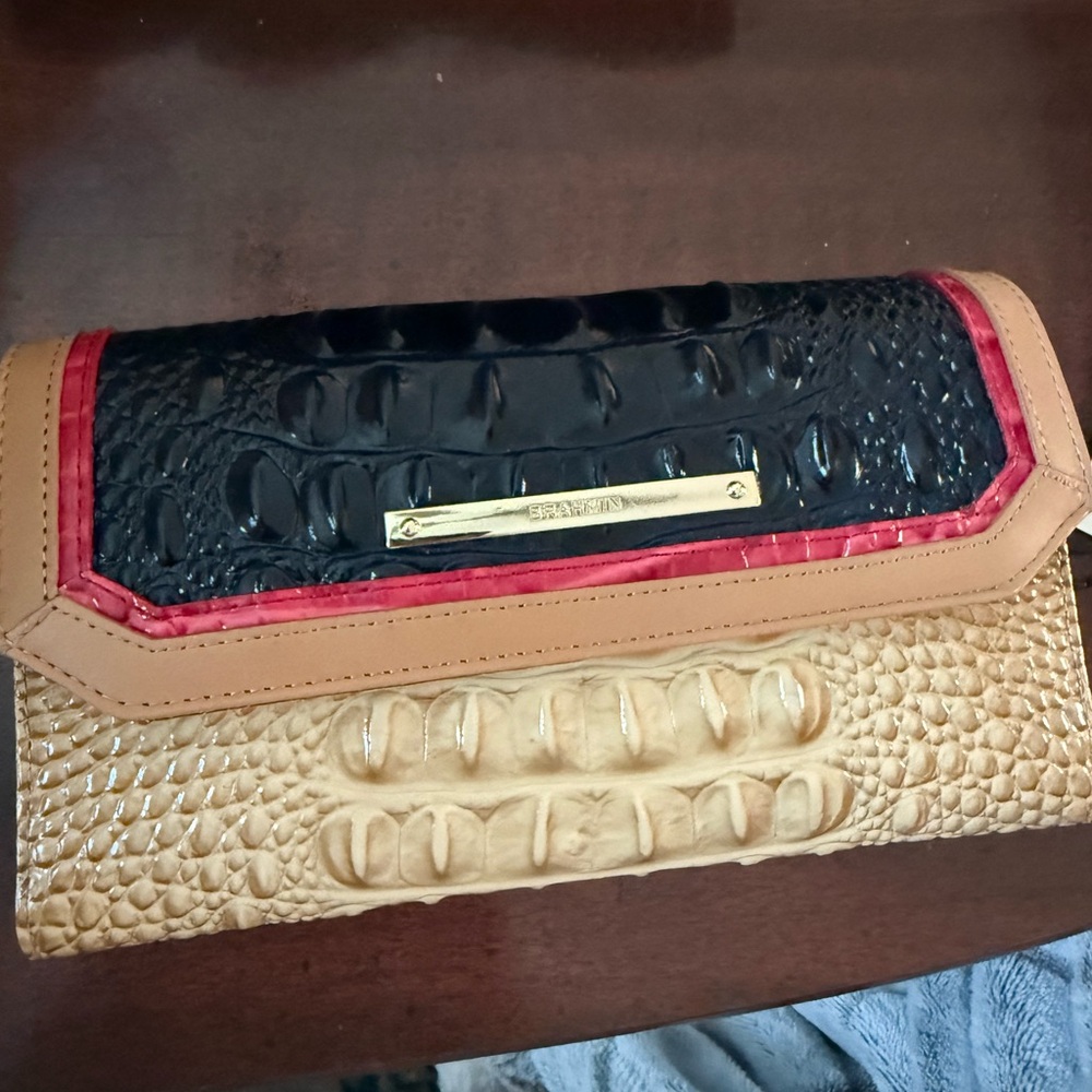 Brahmin Black and Tan Crocodile Embossed Clutch